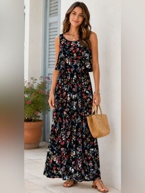 Black Floral Maxi Dress Sleeveless Flowy layered Boho Romantic cottagecore